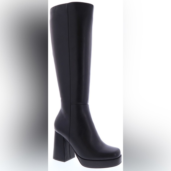 NEW! SQUARE FRONT PLATFORM CHUNKY HEEL KNEE HIGH FAUX LEATHER BLACK BOOT - Picture 2 of 3